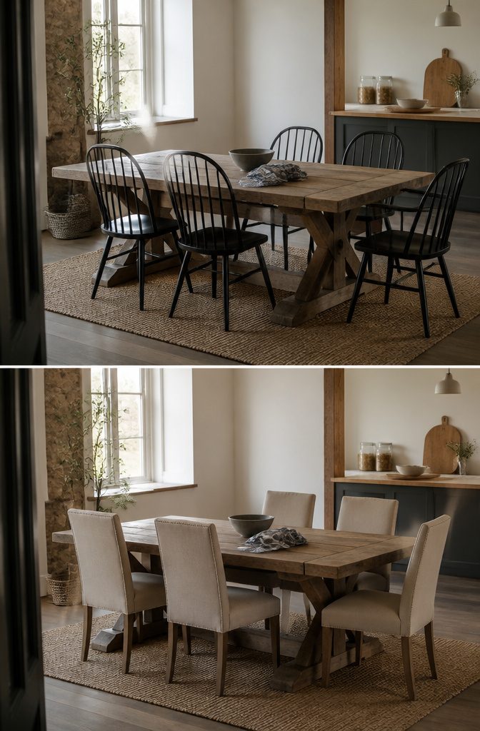Heavy dining table surrounded by slim open-backed chairs