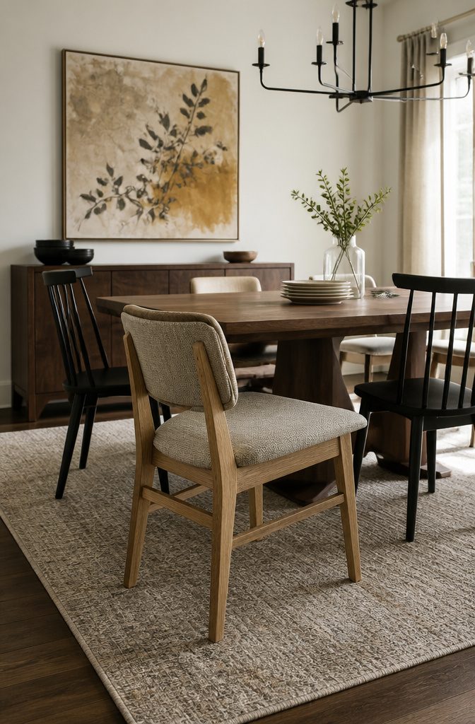 Dining chairs beside a walnut table with black chandelier and botanical artwork