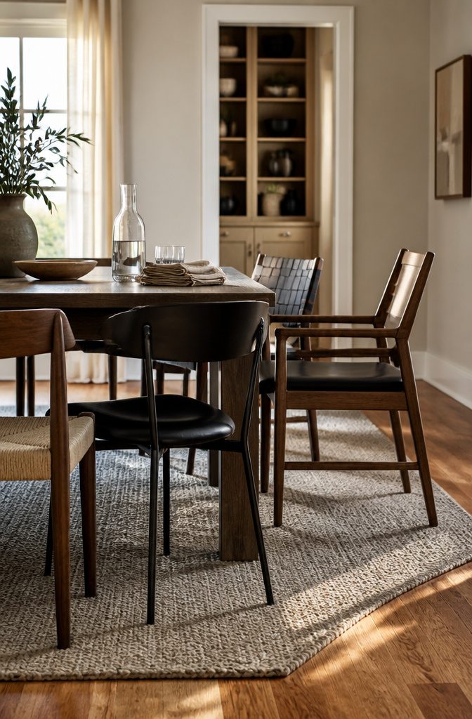 Dining table with varied chairs and seats at similar heights