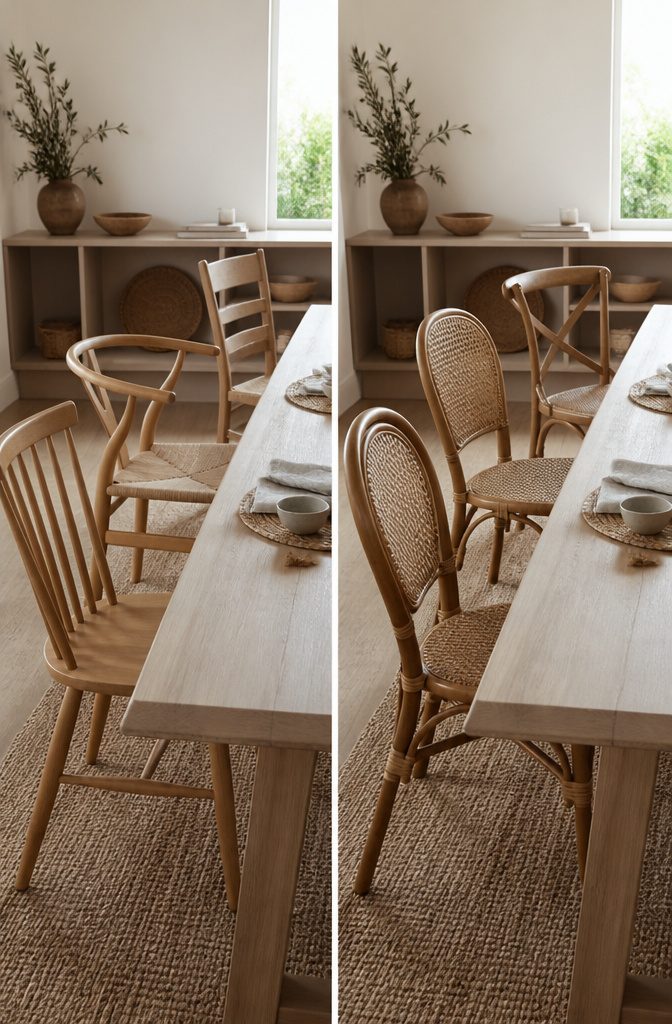 Dining chairs in varied designs with matching black finishes around a table