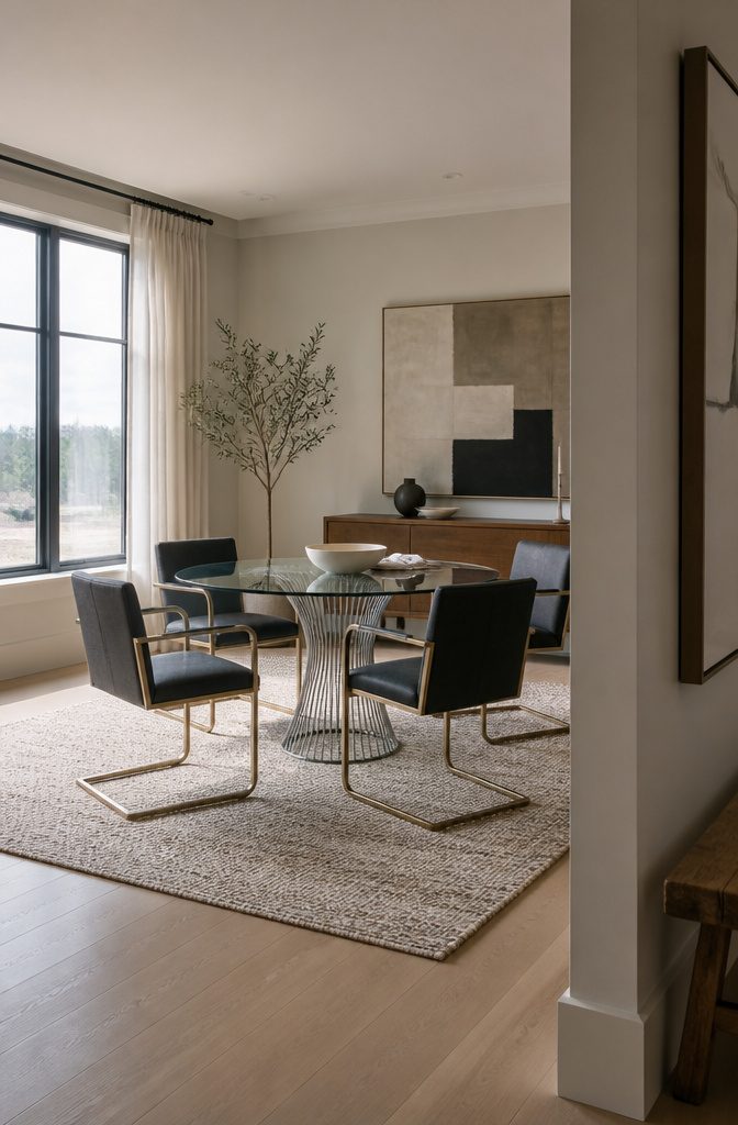 Vintage Milo Baughman chairs around a glass dining table