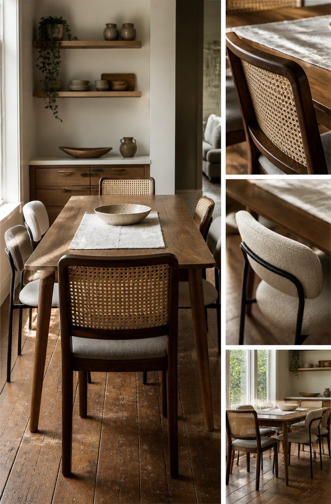 Dining chairs combining wood metal cane and upholstered seats