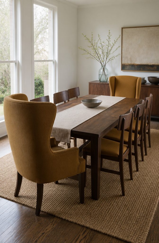 Upholstered armchairs at both ends of a dining table with side chairs