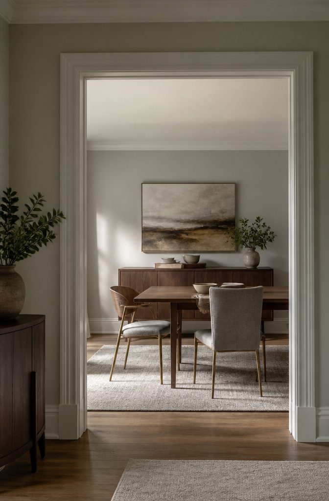 Dining chairs with brass walnut and ochre details beneath artwork