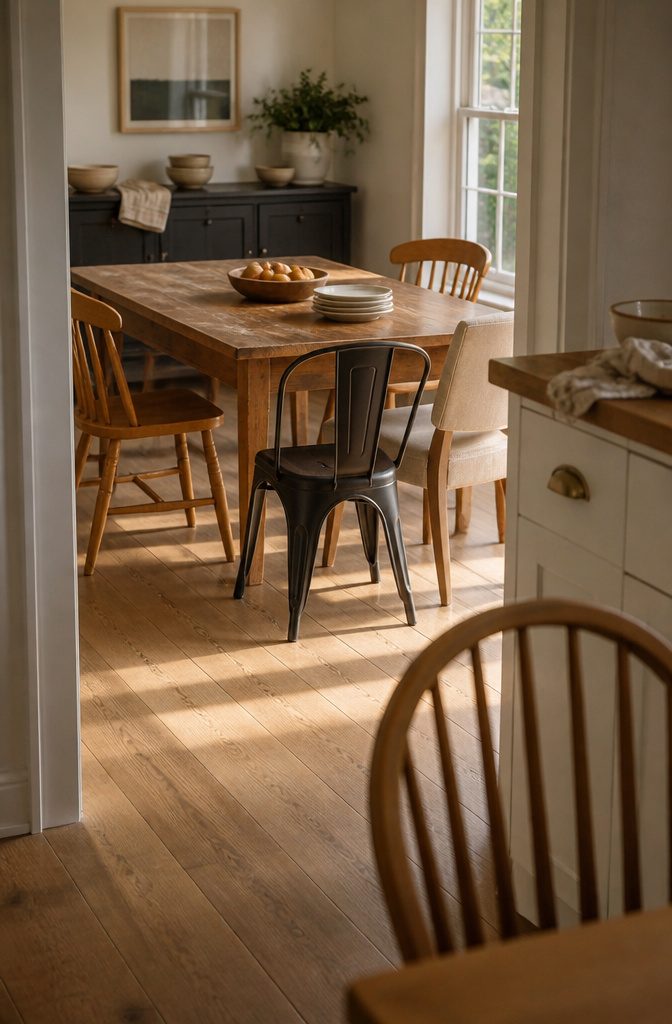Wooden table with spindle-back chairs a black metal chair and an upholstered seat