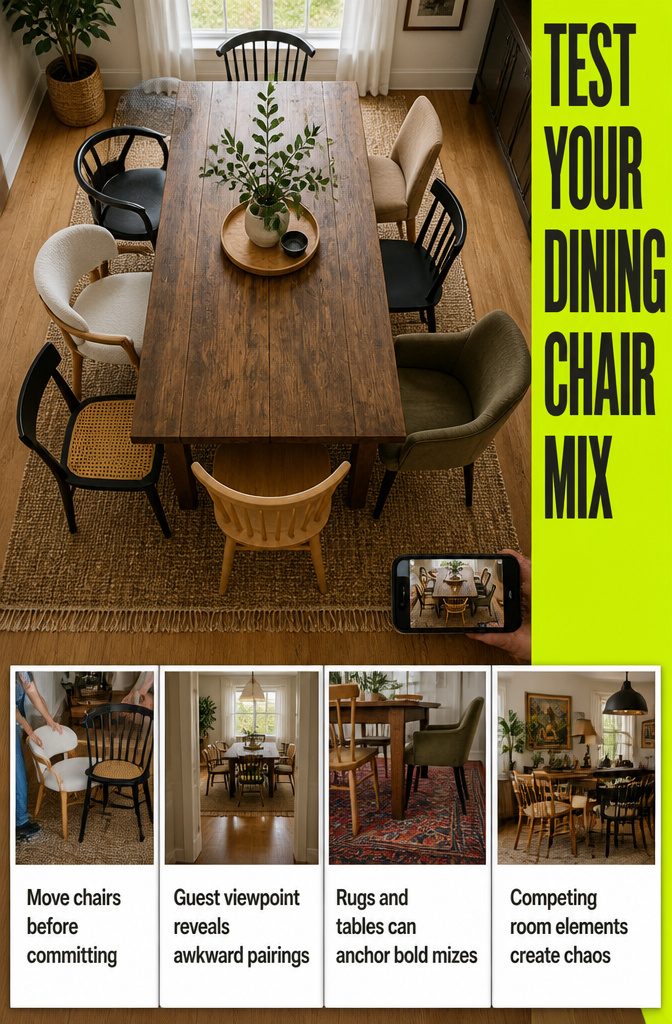 Dining chair arrangement viewed through a phone camera screen