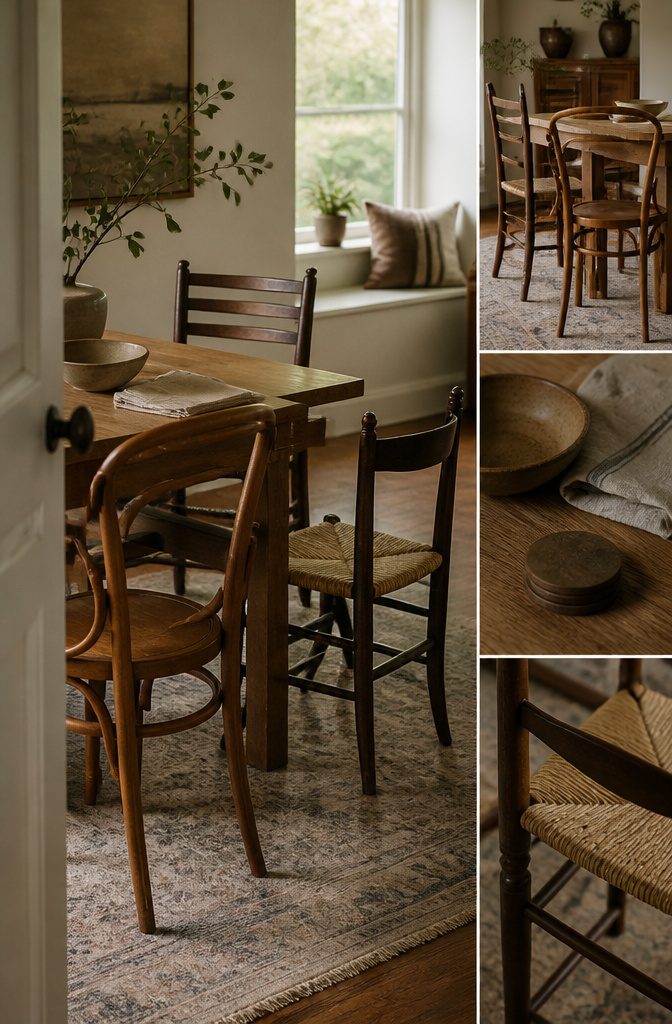 Eclectic dining chairs with varied wood tones and repeated details