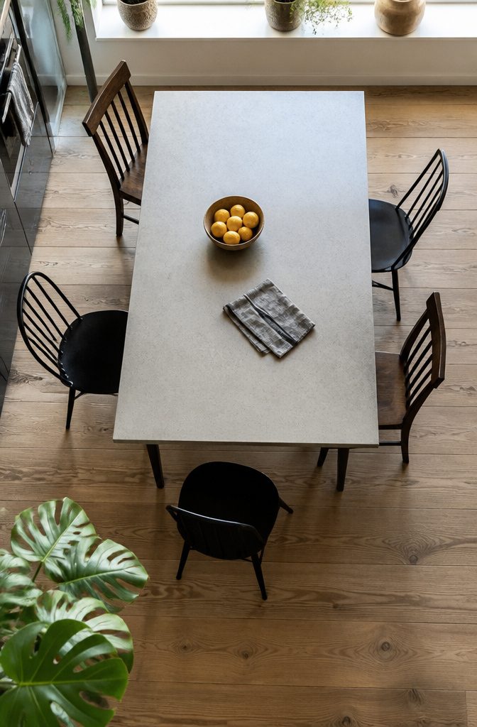 Dining table surrounded by paired chairs with repeated shapes