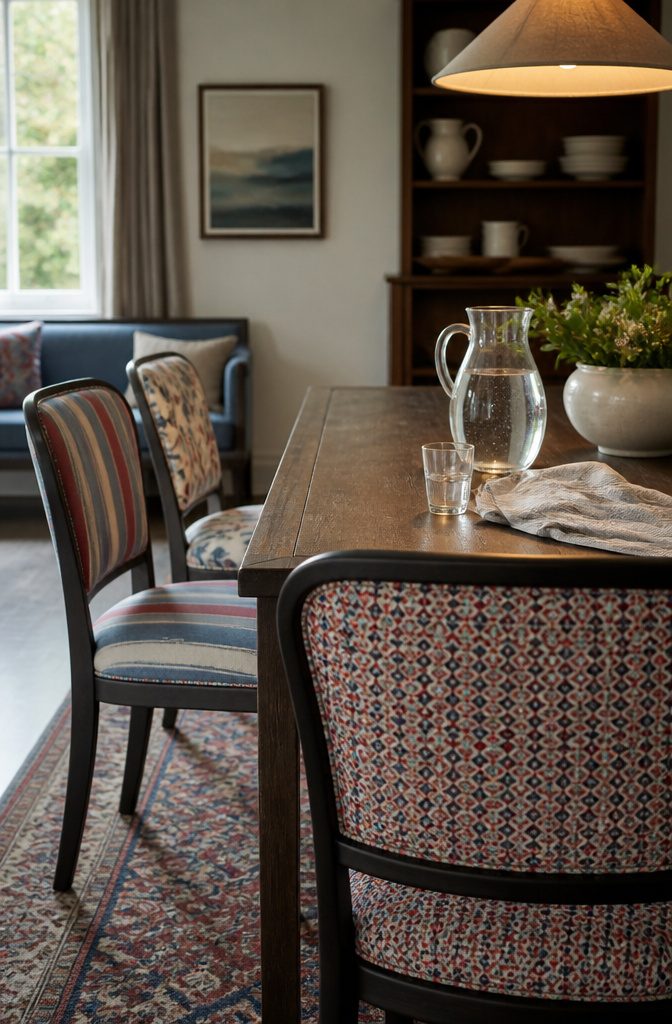 Dining chairs with geometric botanical and striped fabrics beside a blue settee