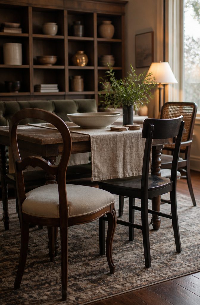 Cane-back chair black side chair antique chair and velvet settee around a table