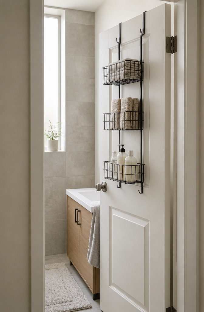 Over-the-door storage rack holding household items