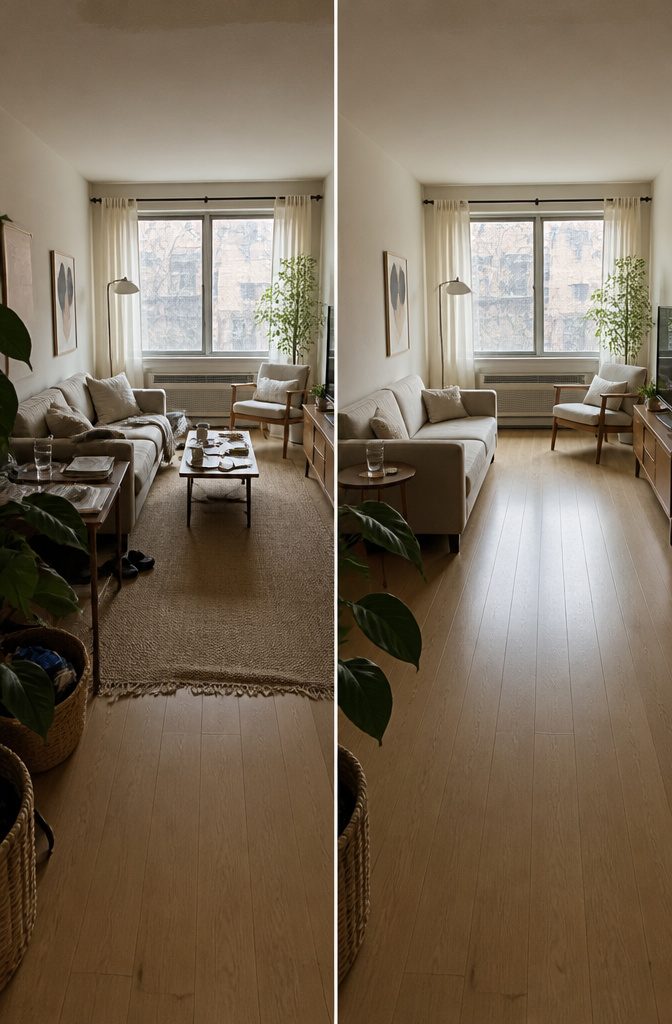 Compact apartment room with furniture arranged along the walls