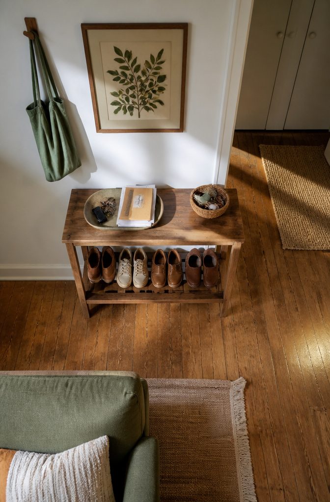 Entryway tray and storage containers holding everyday items
