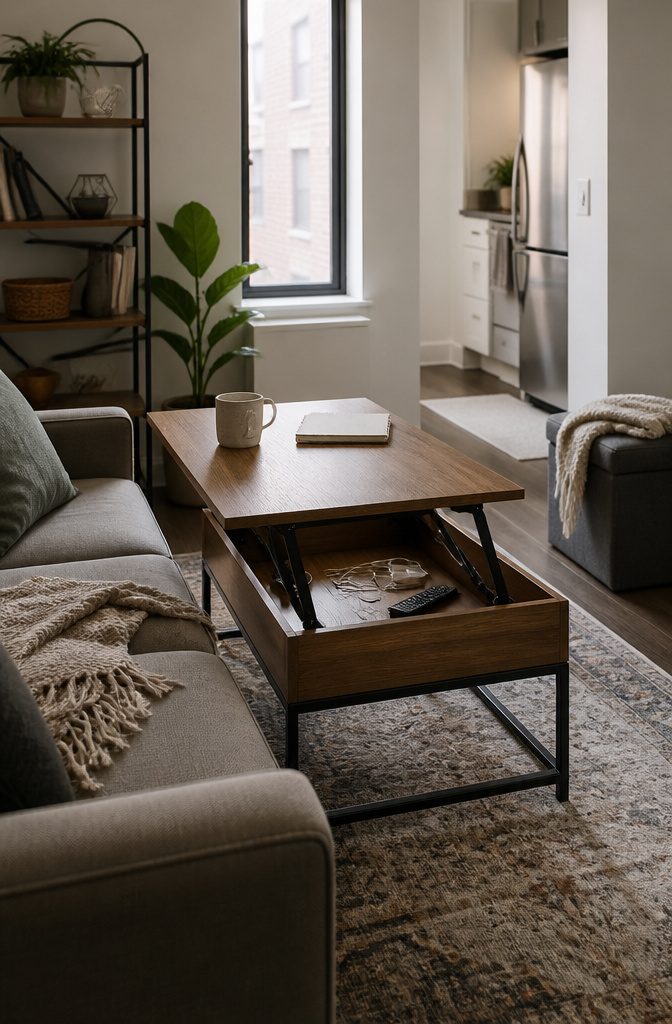 Lift-top coffee table open above a cable and remote with ottoman nearby