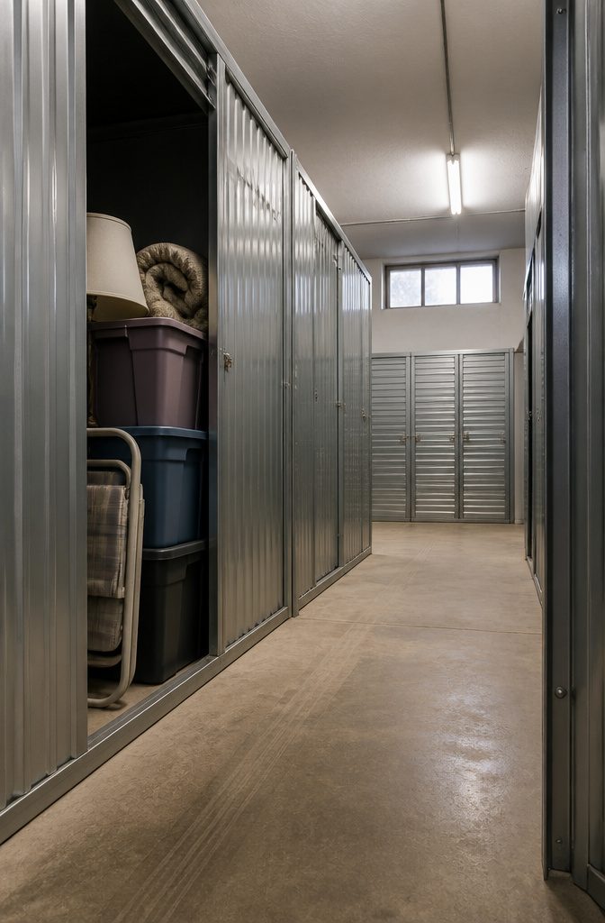 Apartment storage locker with plastic bins folded chair and wrapped lamp