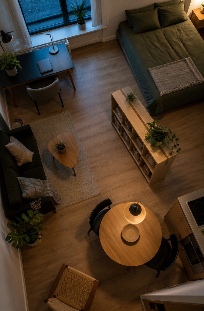 Studio apartment with distinct work dining and sleeping areas