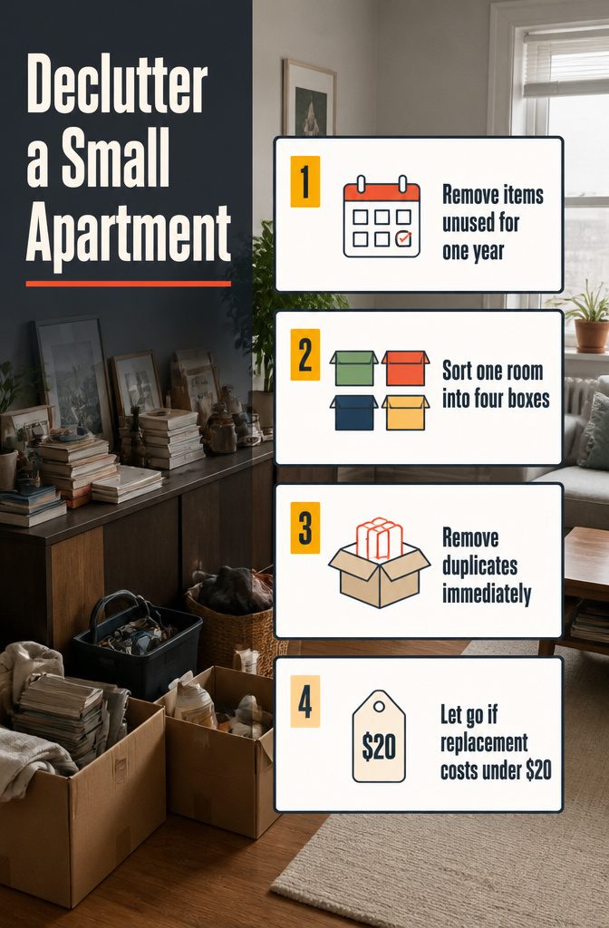 Decluttering graphic titled Declutter a Small Apartment