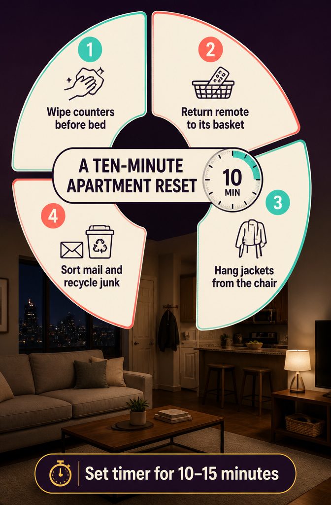 Information graphic titled A Ten-Minute Apartment Reset
