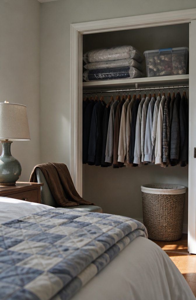 Closet shelf and under-bed area storing seasonal bags and bins