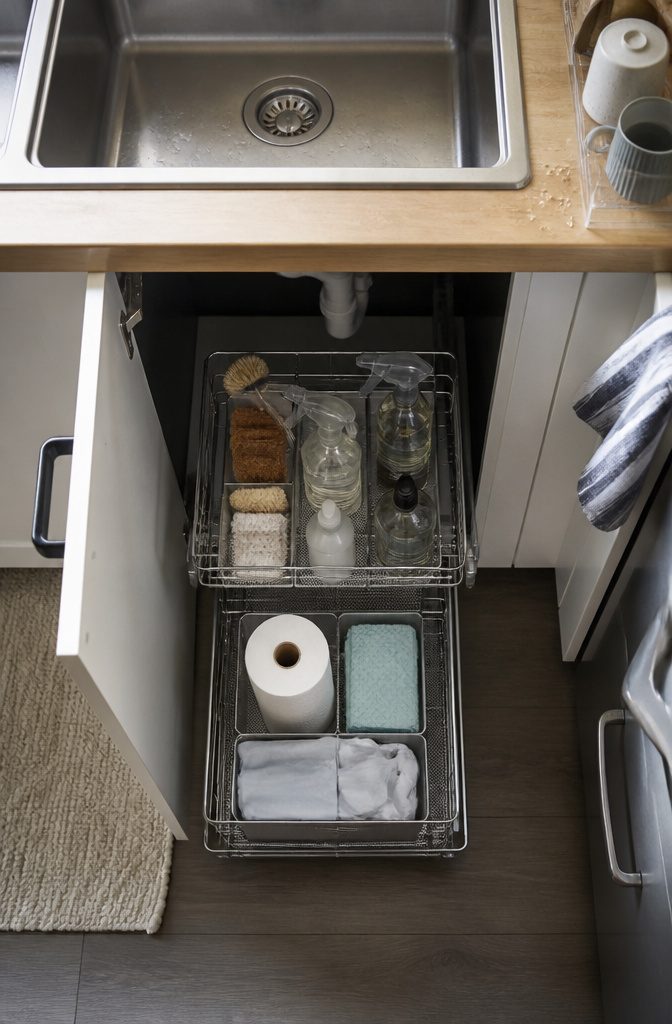 Kitchen cabinet storage with organizers arranged among everyday supplies
