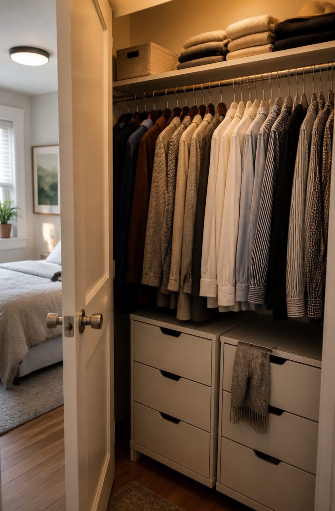 Closet rod with velvet and metal hangers above stackable drawers