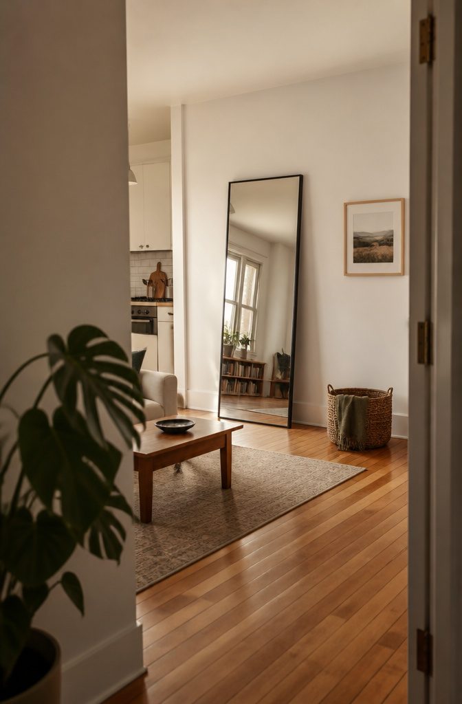 Apartment mirror reflecting a window and part of the room