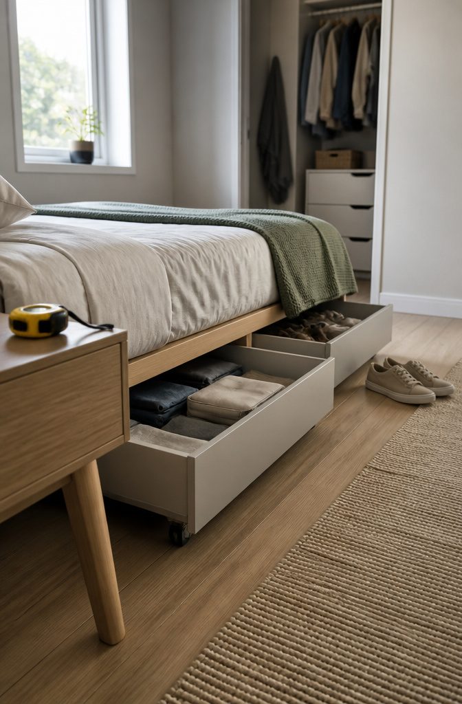Under-bed rolling drawers with folded clothes and a tape measure nearby