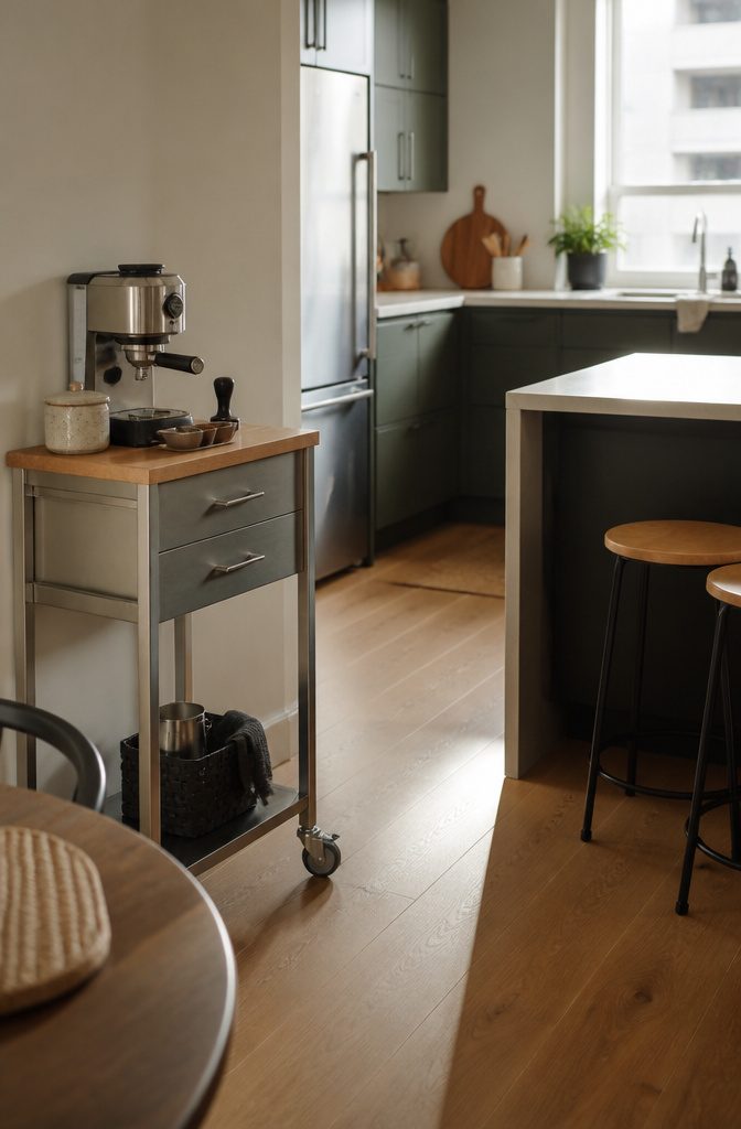 Slim chef's cart with drawers coffee canister and locking casters
