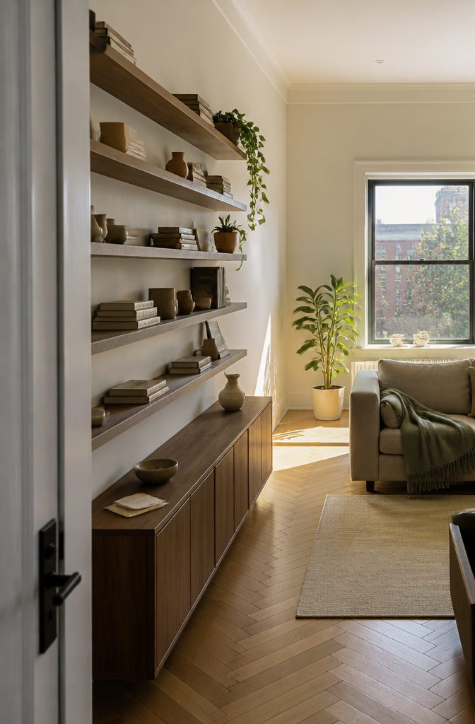Small apartment interior with storage arranged above furniture