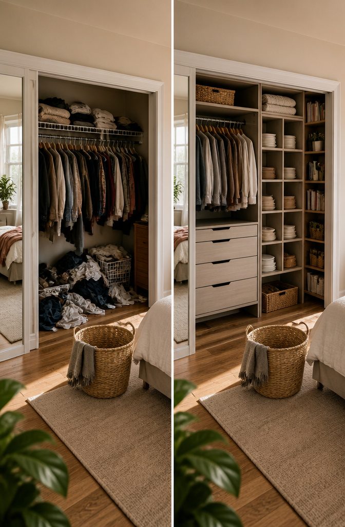 6 Ways to Organize Closet Shelves (and Keep Them That Way) 2 Closet shelving arranged with storage space above and beside hanging clothes