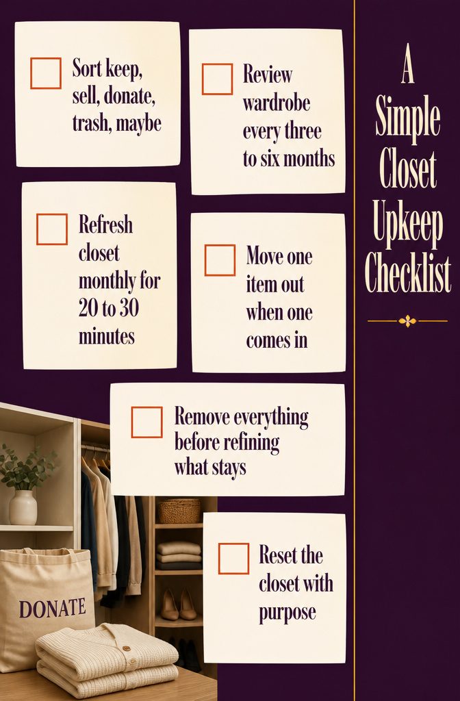 6 Ways to Organize Closet Shelves (and Keep Them That Way) 10 Closet upkeep checklist with steps for sorting and resetting belongings