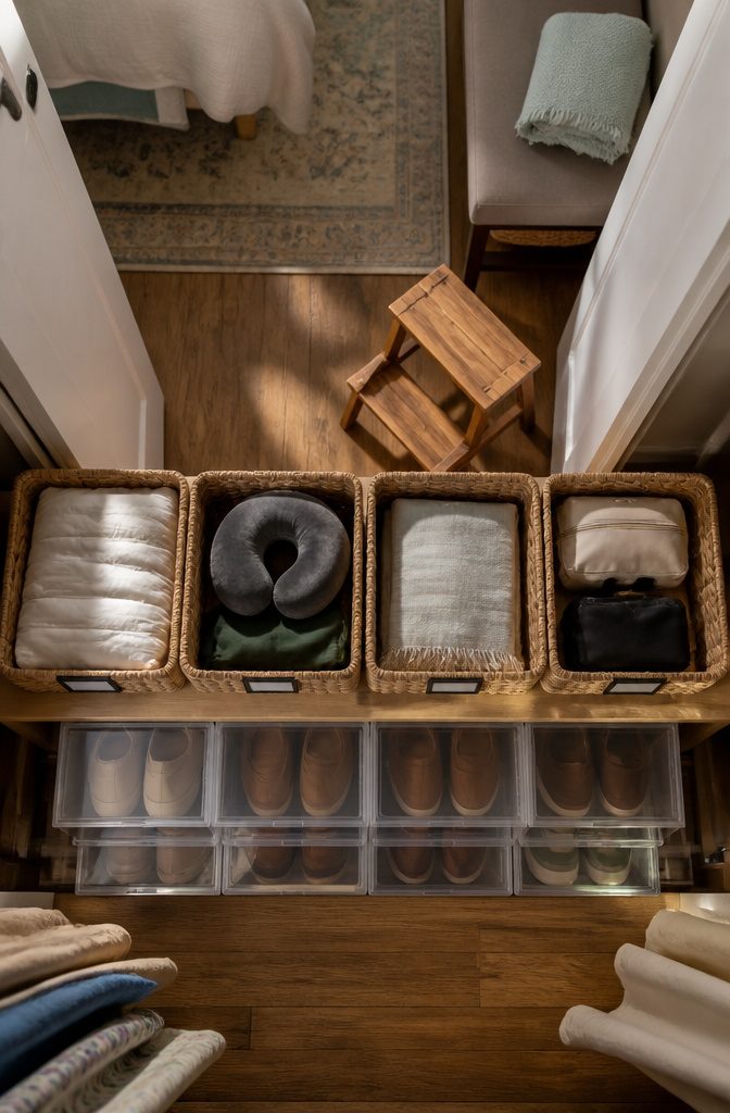 6 Ways to Organize Closet Shelves (and Keep Them That Way) 5 Closet shelves holding woven baskets and bins with clip labels