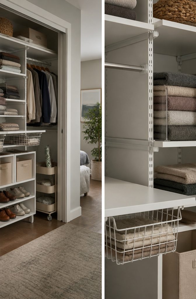6 Ways to Organize Closet Shelves (and Keep Them That Way) 9 Closet shelves with adjustable levels and extra storage baskets