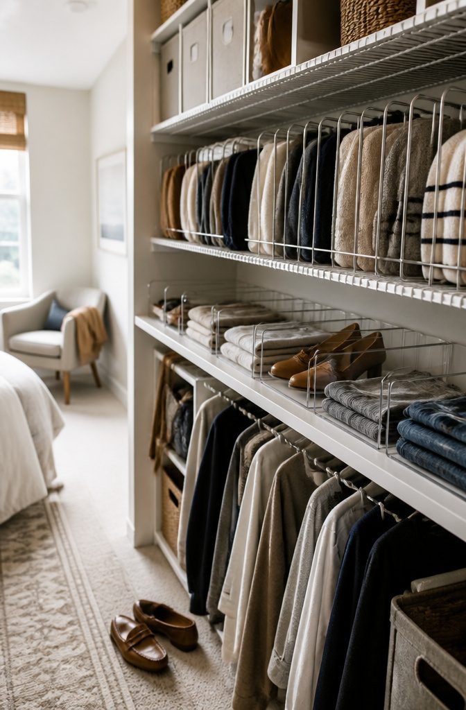 6 Ways to Organize Closet Shelves (and Keep Them That Way) 3 Closet shelf with dividers separating folded clothes and small bags