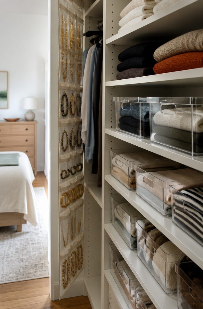 6 Ways to Organize Closet Shelves (and Keep Them That Way) 7 Closet shelves with clear containers and a clear-pocket jewelry organizer