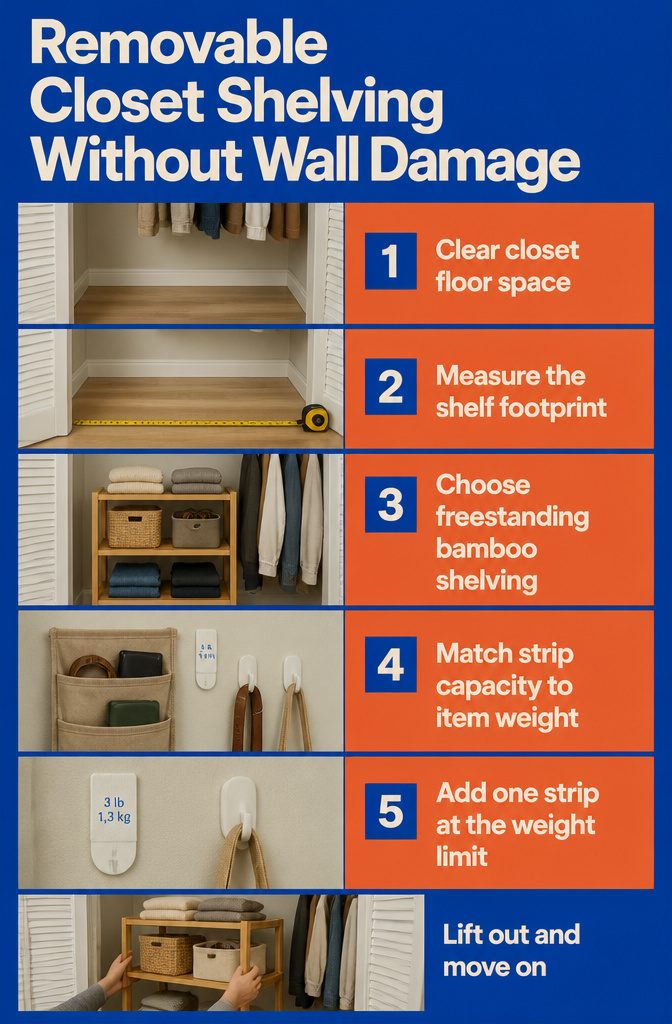 6 Ways to Organize Closet Shelves (and Keep Them That Way) 8 Three-tier bamboo shelving unit standing inside a closet