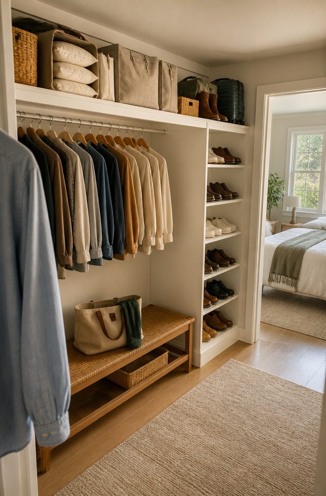 6 Ways to Organize Closet Shelves (and Keep Them That Way) 6 High closet shelf with bedding storage bags and labeled seasonal bins