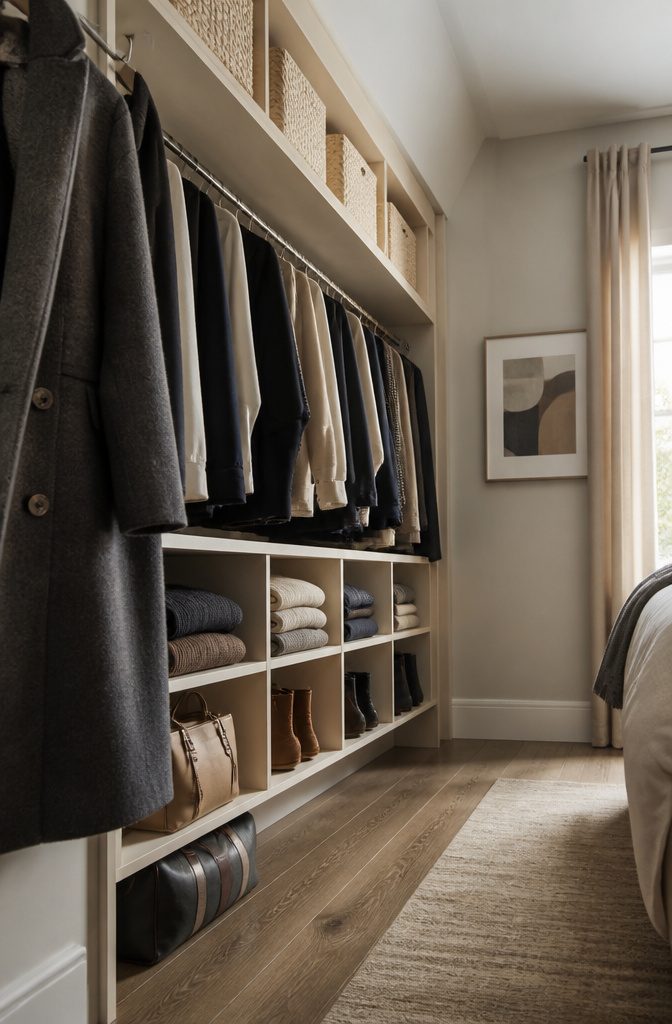6 Ways to Organize Closet Shelves (and Keep Them That Way) 4 Closet with upper shelves and open cubes beneath the hanging rod