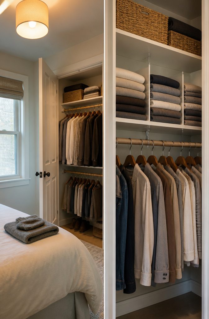 Closet and cabinet shelves fitted with dividers and storage inserts