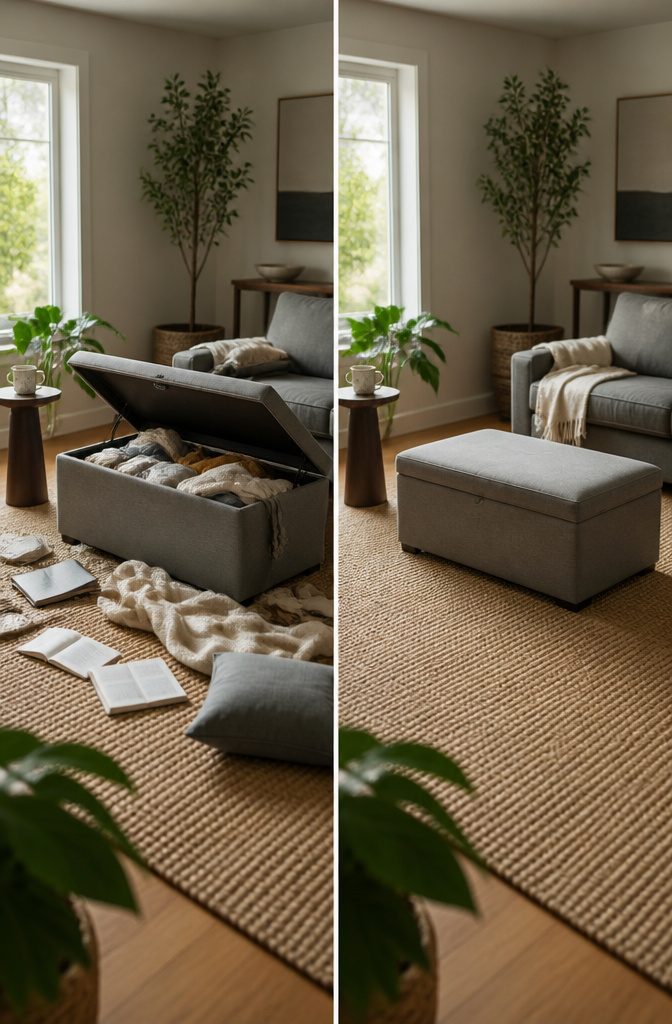 Living room storage ottoman with a lift-up seat and hidden compartment