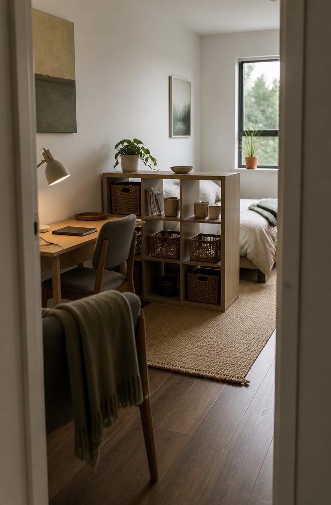 Multipurpose room with desk bed low cubbies and a small rug