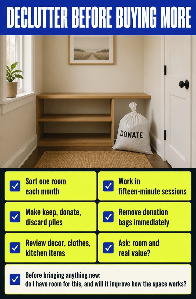 Home organization graphic titled Declutter Before Buying More