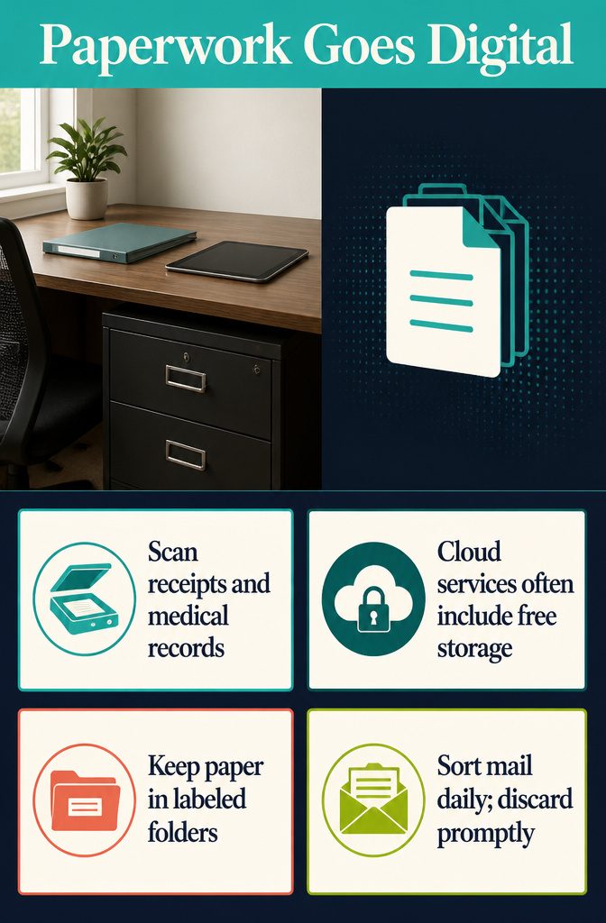 Home organization graphic titled Paperwork Goes Digital