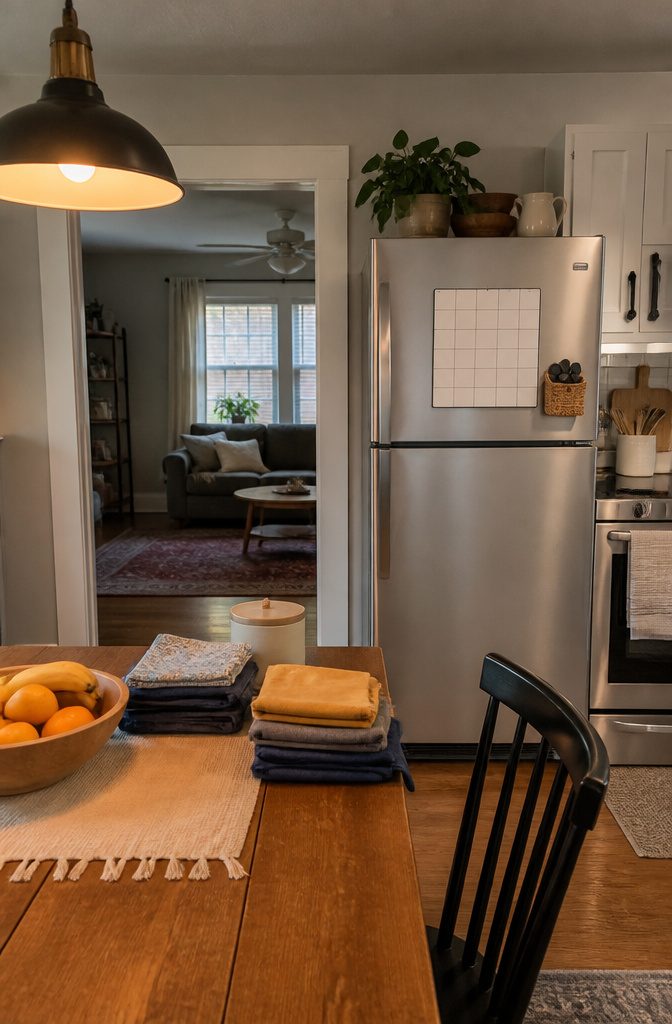 Kitchen refrigerator with blank chore chart and basket of plain magnets