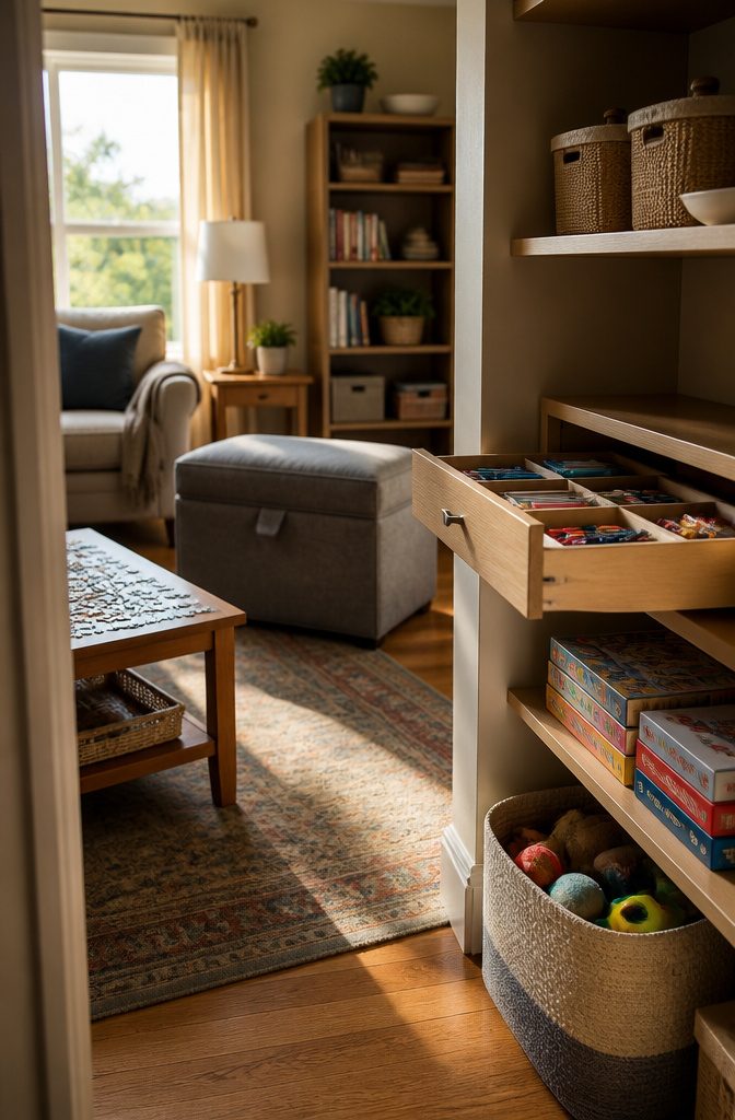 Organized small house interior with belongings stored neatly