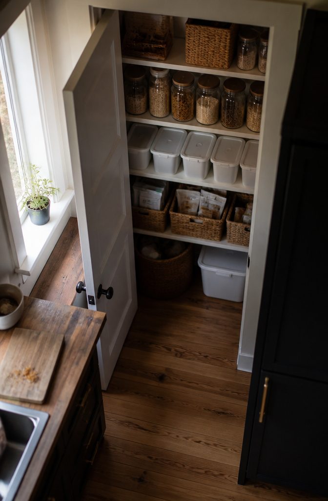 Home storage shelves with baskets and bins containing grouped belongings