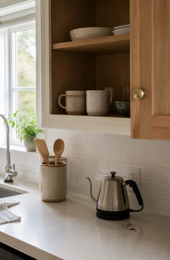 Open kitchen cabinet with front-row mugs and serving pieces on higher shelves