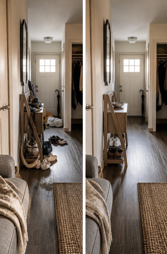 Small home interior with uncluttered counters and clear floors