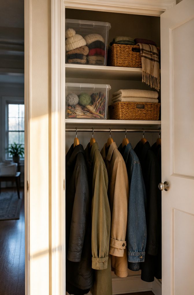 Organized storage area with labeled bins grouped on shelves