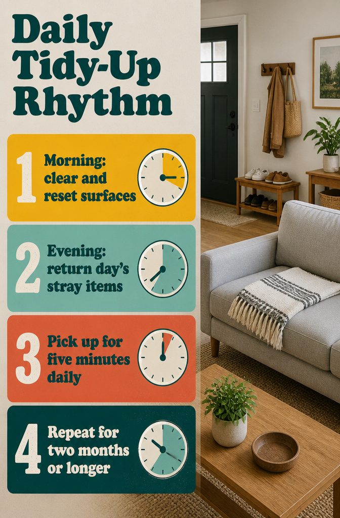 Home organization graphic titled Daily Tidy-Up Rhythm